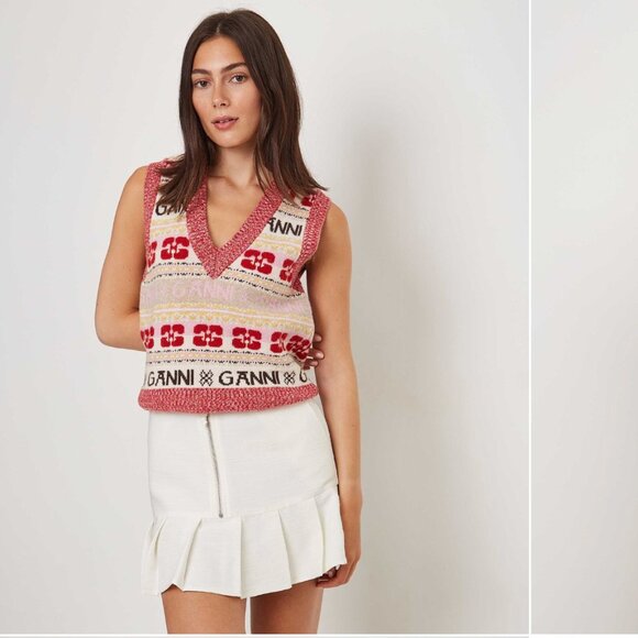 Ganni Intarsia Logo Sweater Knit Vest - S - Picture 2 of 5